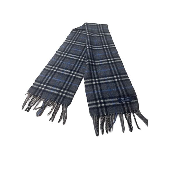 BURBERRY GREY-BLUE PLAID CASHMERE SCARF, Unisex Smaller Size 52 In X 8 In - Picture 1 of 3